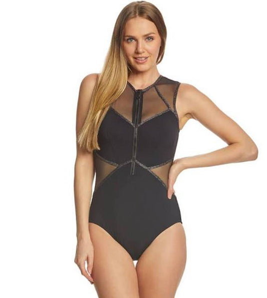 Profile by Gottex Stargazer Mesh High Neck Zip One Piece Swimsuit - forENVY