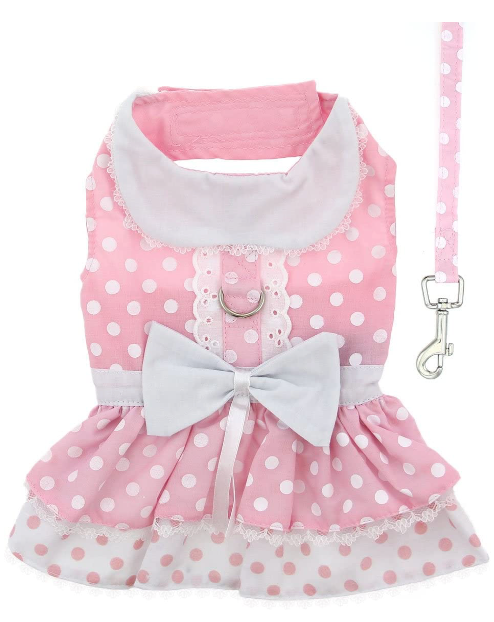DOGGIE DESIGN Pink Polka Dot and Lace Dog Harness Dress Set - forENVY
